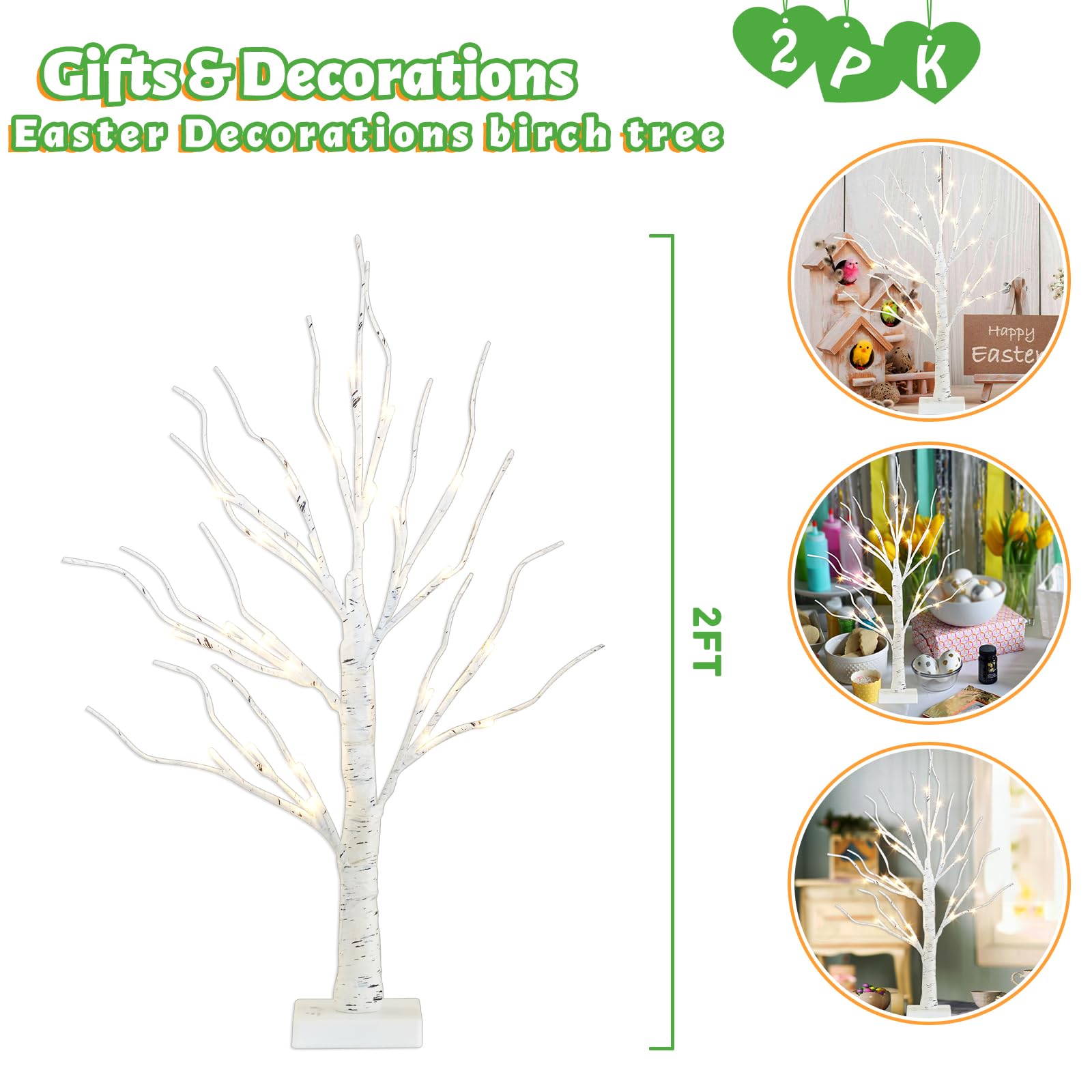 PEIDUO Easter Decorations, 2FT Birch Tree with LED Lights, Warm White Light up Tree Lamp, Easter Tree for Home Table Inside, Easter Decor Indoor, Battery Powered, Timer (2PK) - The One Stop Deals