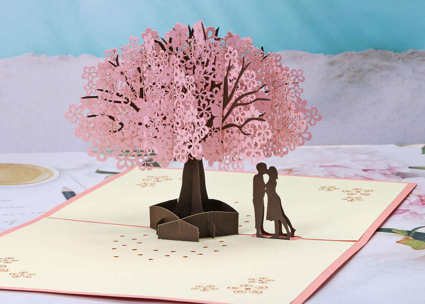 PENTA ANGEL Handmade Cherry Blossom Card Pop Up 3D Flower Card Romantic Love Letter Greeting Anniversary Wedding Valentine Birthday Gift Card Blank Stationery Paper Card for Her Him Husband Wife - The One Stop Deals