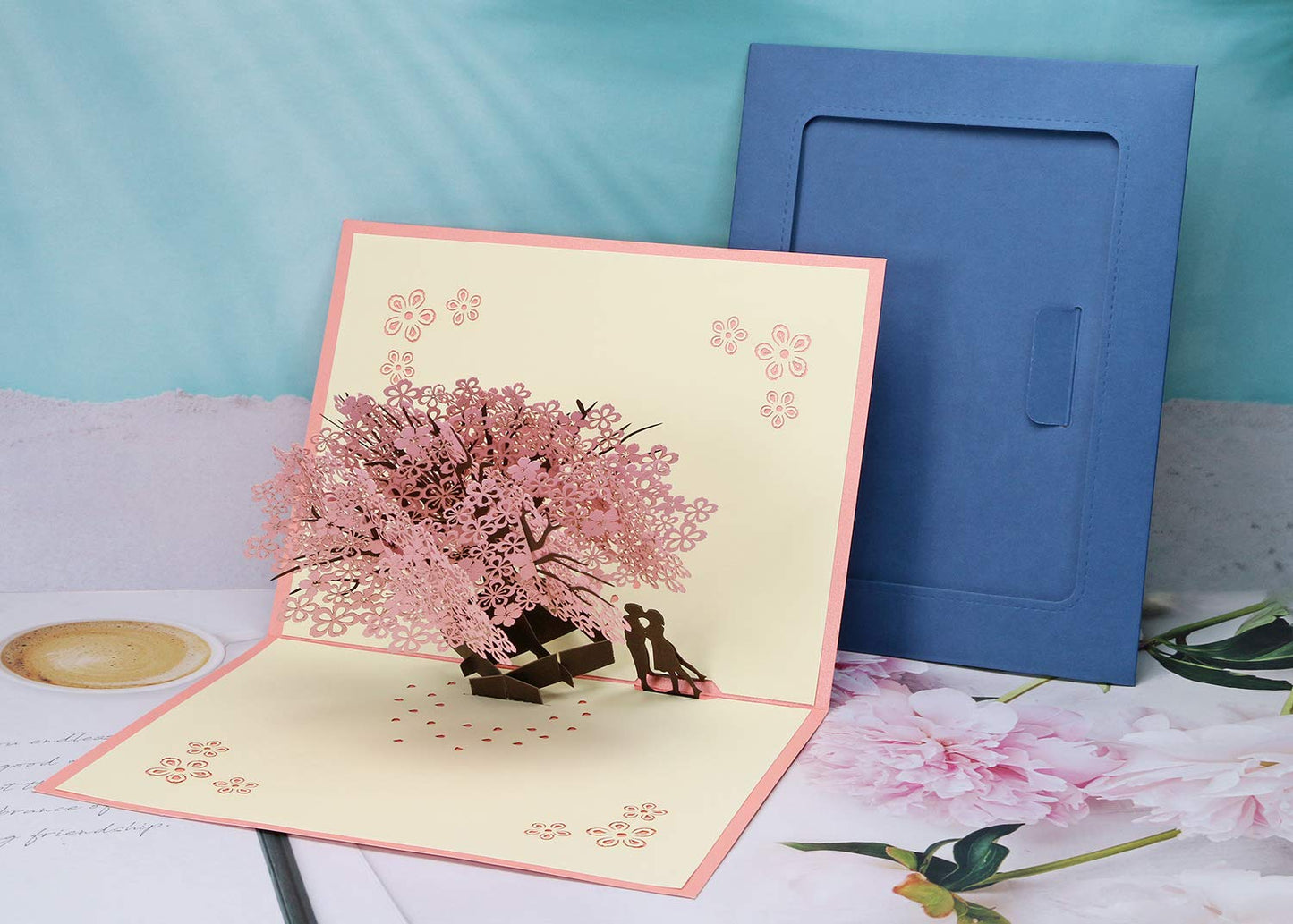 PENTA ANGEL Handmade Cherry Blossom Card Pop Up 3D Flower Card Romantic Love Letter Greeting Anniversary Wedding Valentine Birthday Gift Card Blank Stationery Paper Card for Her Him Husband Wife - The One Stop Deals