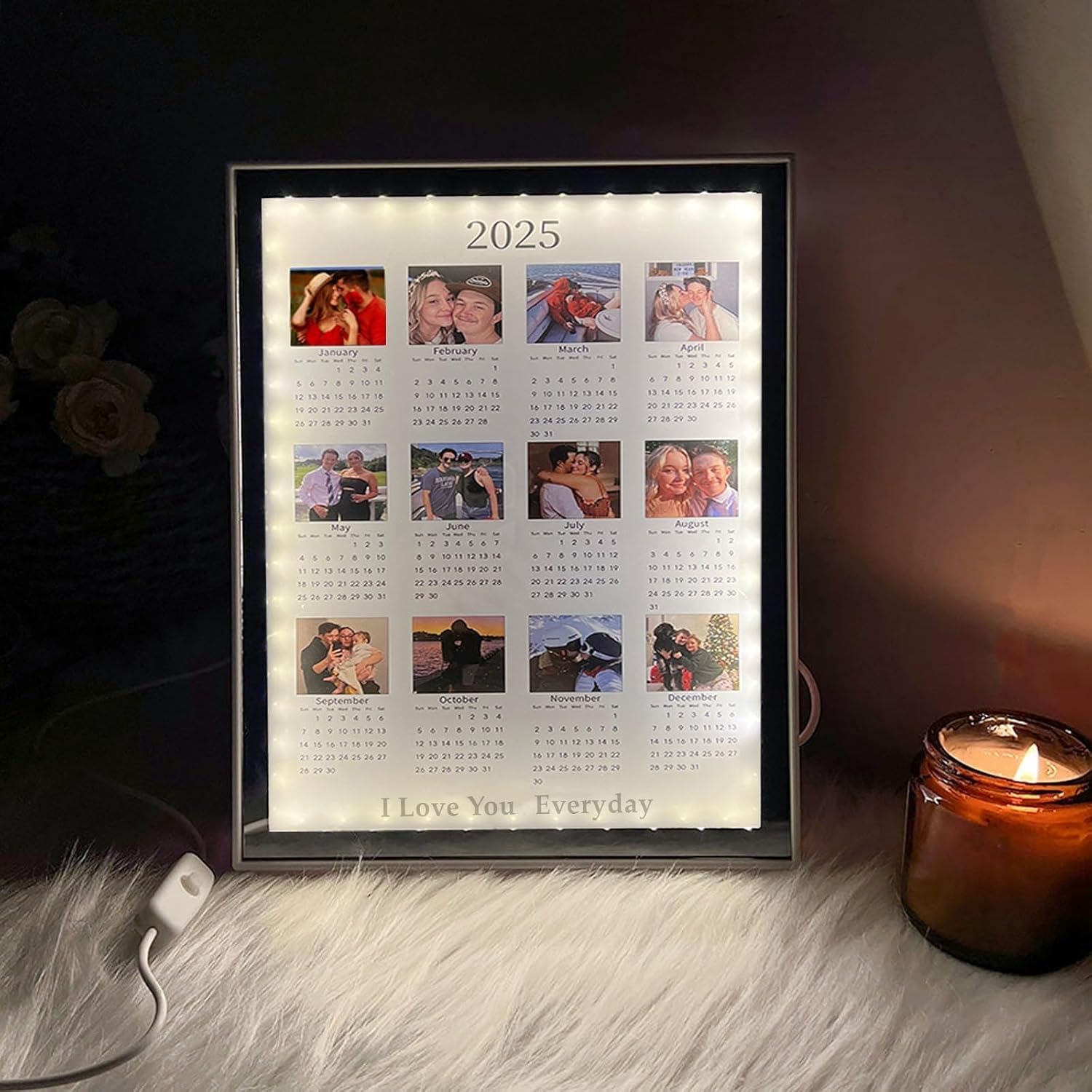 Personalized 2025 Calendar Mirror Light Box with Couple Photos Custom Photo Frame with Night Light Personalized Anniversary Valentines Day Gifts for Women Men Her Him Girlfriend Boyfriend - The One Stop Deals