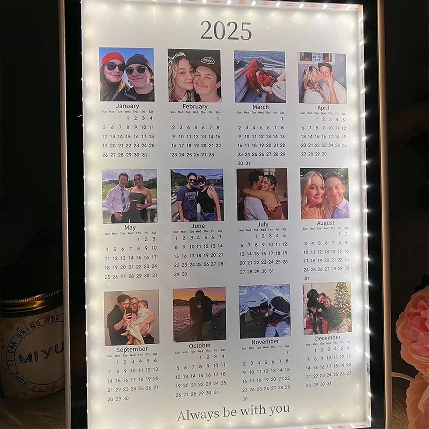 Personalized 2025 Calendar Mirror Light Box with Couple Photos Custom Photo Frame with Night Light Personalized Anniversary Valentines Day Gifts for Women Men Her Him Girlfriend Boyfriend - The One Stop Deals