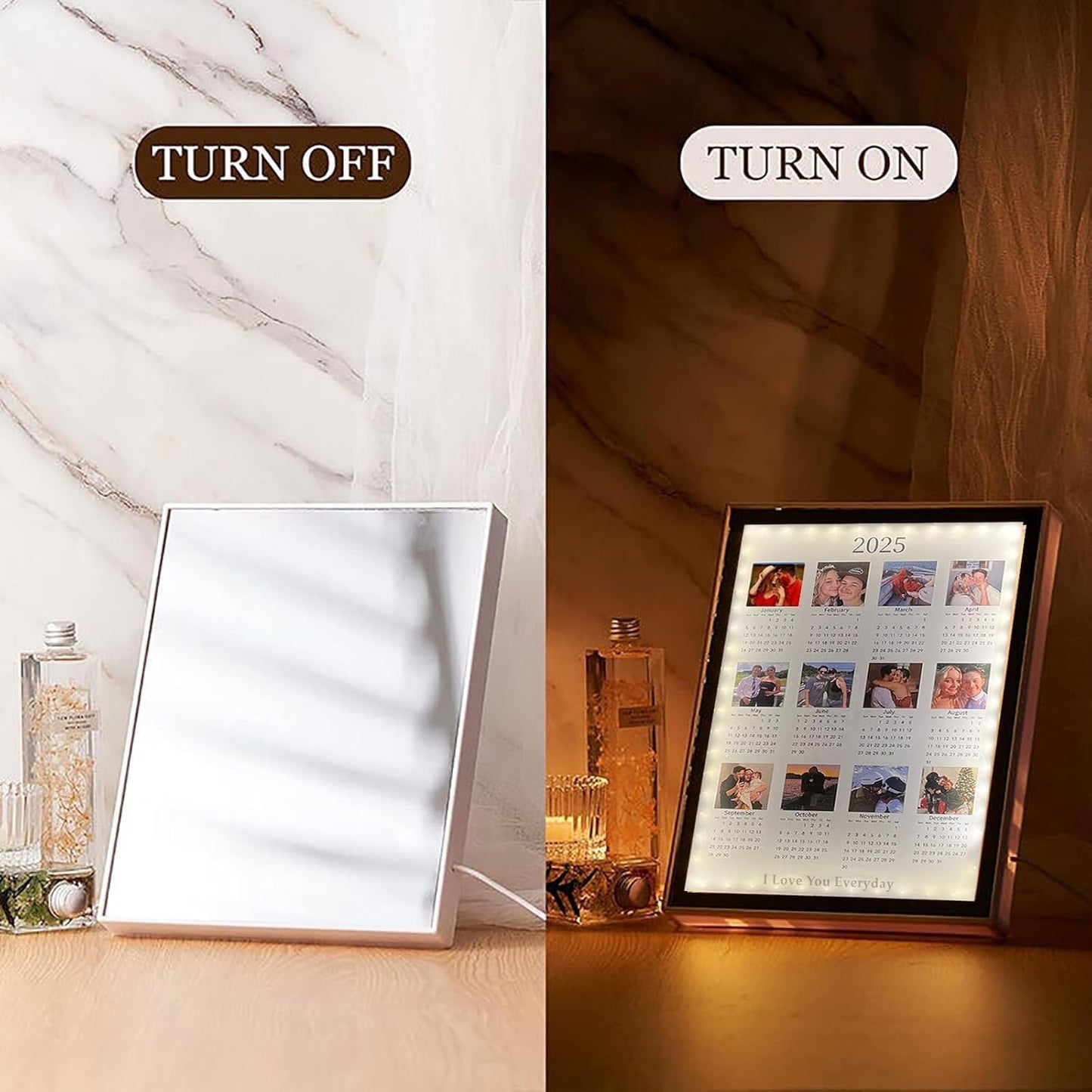 Personalized 2025 Calendar Mirror Light Box with Couple Photos Custom Photo Frame with Night Light Personalized Anniversary Valentines Day Gifts for Women Men Her Him Girlfriend Boyfriend - The One Stop Deals