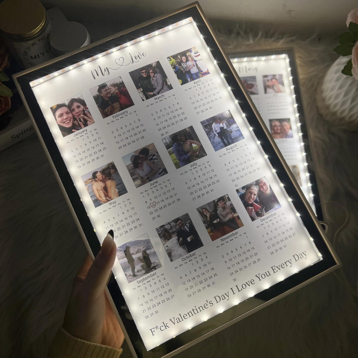 Personalized 2025 Calendar Mirror Light Box with Couple Photos Custom Photo Frame with Night Light Personalized Anniversary Valentines Day Gifts for Women Men Her Him Girlfriend Boyfriend - The One Stop Deals