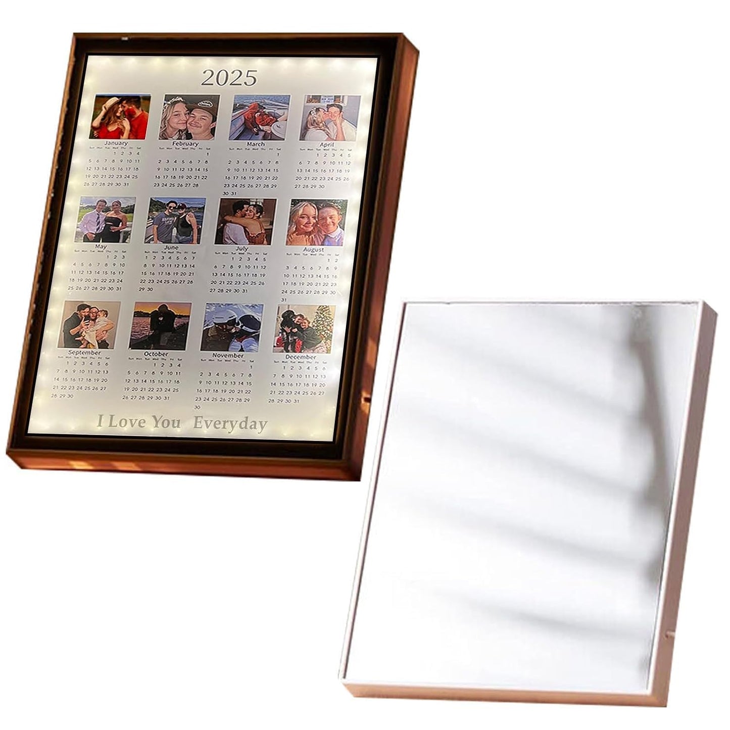 Personalized 2025 Calendar Mirror Light Box with Couple Photos Custom Photo Frame with Night Light Personalized Anniversary Valentines Day Gifts for Women Men Her Him Girlfriend Boyfriend - The One Stop Deals