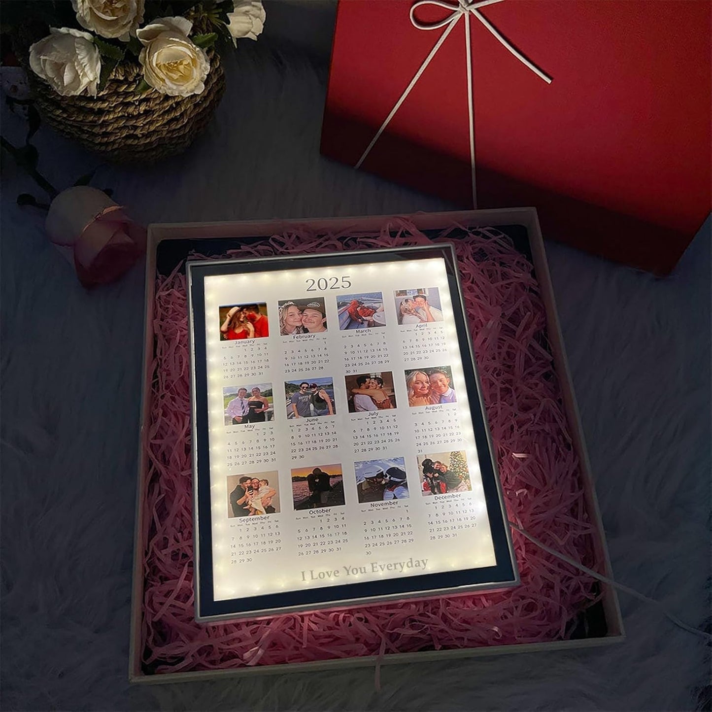 Personalized 2025 Calendar Mirror Light Box with Couple Photos Custom Photo Frame with Night Light Personalized Anniversary Valentines Day Gifts for Women Men Her Him Girlfriend Boyfriend - The One Stop Deals