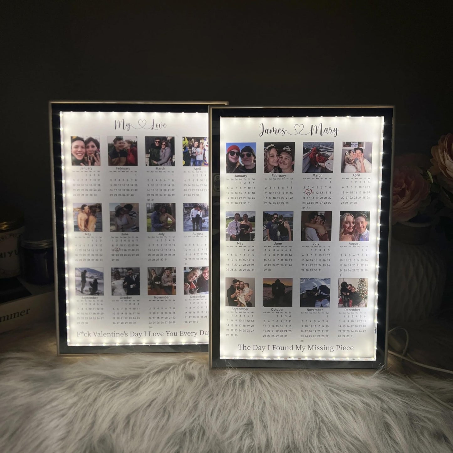 Personalized 2025 Calendar Mirror Light Box with Couple Photos Custom Photo Frame with Night Light Personalized Anniversary Valentines Day Gifts for Women Men Her Him Girlfriend Boyfriend - The One Stop Deals