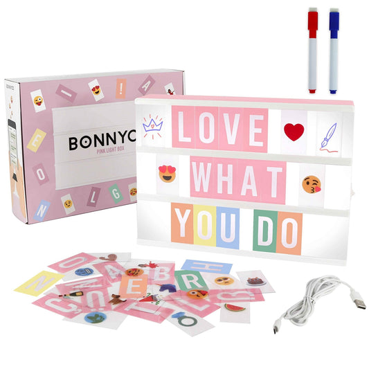 Pink Cinema Light Box with 400 Letters & Emojis & 2 Markers - BONNYCO | Led Light Box Home Office & Room Decor | Light Up Sign Letters Board Gifts for Women & Girls Christmas & Birthdays | Pink Decor - The One Stop Deals