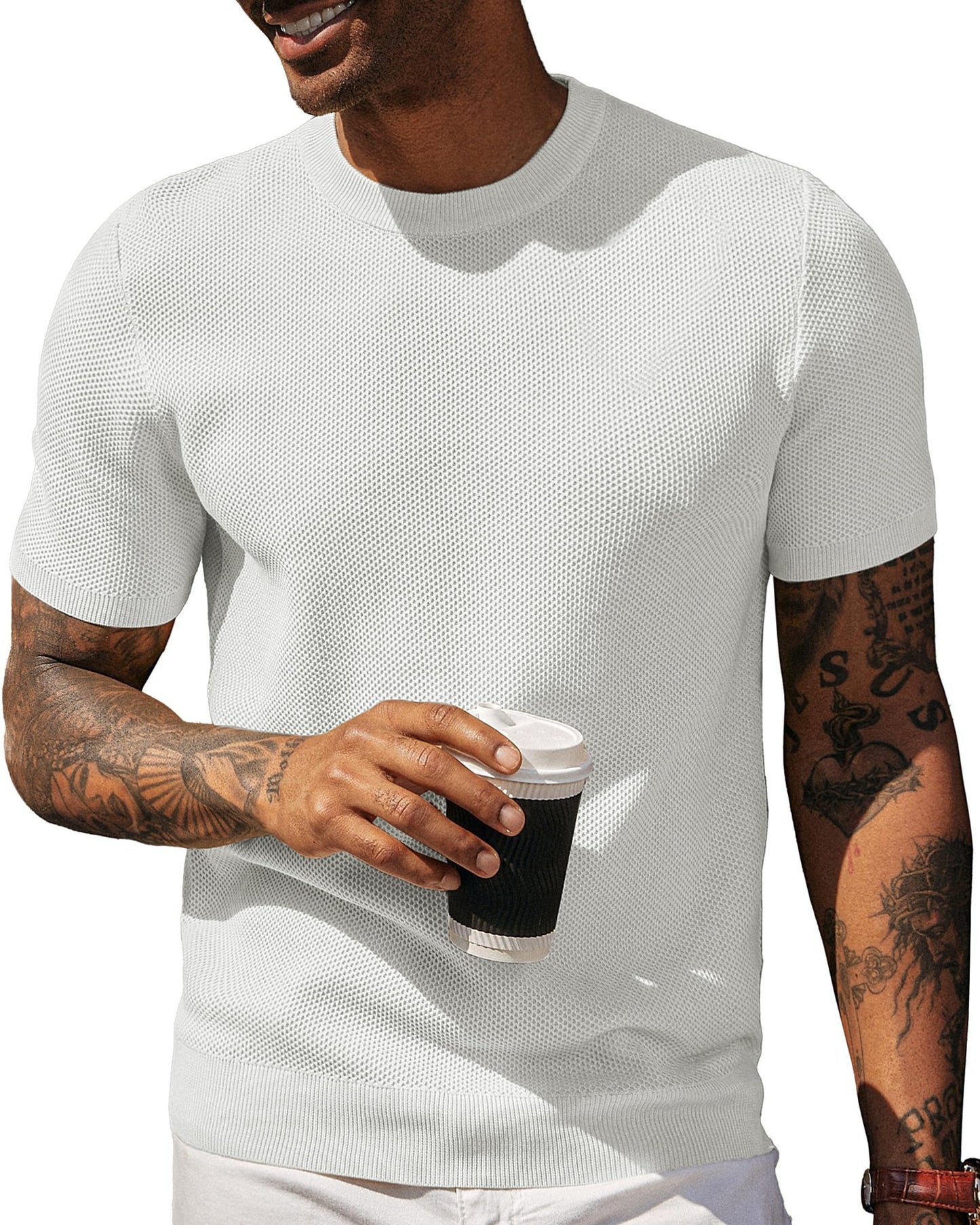 PJ PAUL JONES Mens Sweatshirt Crewneck Waffle Knit Tee Heavyweight Summer Short Sleeve Casual Pullover Tops White 2XL - The One Stop Deals