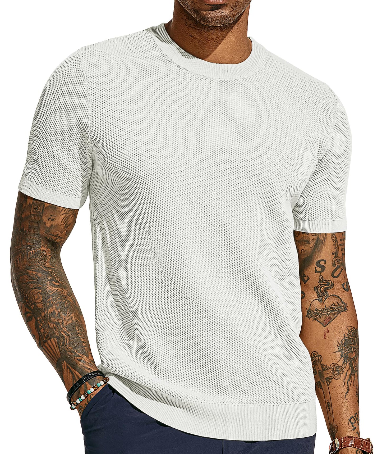 PJ PAUL JONES Mens Sweatshirt Crewneck Waffle Knit Tee Heavyweight Summer Short Sleeve Casual Pullover Tops White 2XL - The One Stop Deals