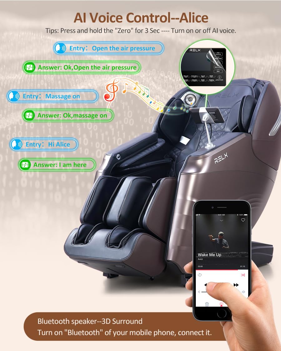 RELX Massage Chair Full Body, Zero Gravity SL - Track Shiatsu Massage Chair, 12 Modes, Airbag Massage, with Heat Body Scan Bluetooth Foot Roller, AI Control (Brown) - The One Stop Deals