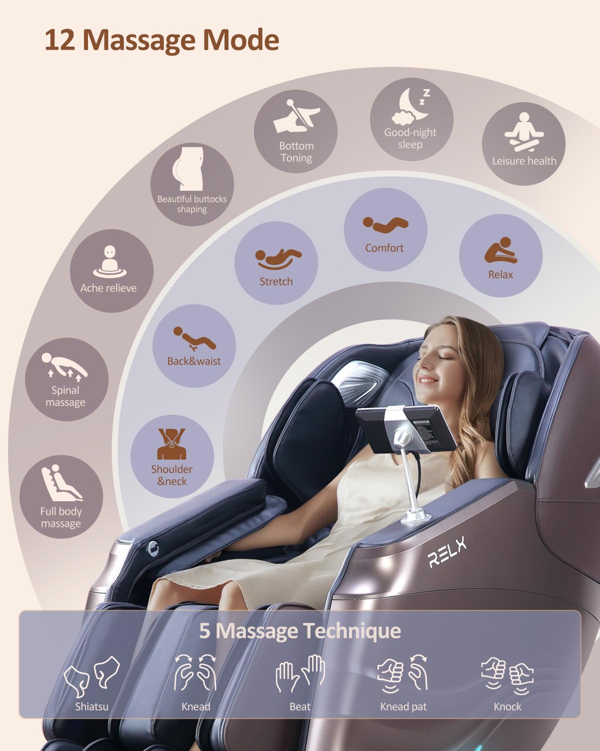 RELX Massage Chair Full Body, Zero Gravity SL - Track Shiatsu Massage Chair, 12 Modes, Airbag Massage, with Heat Body Scan Bluetooth Foot Roller, AI Control (Brown) - The One Stop Deals