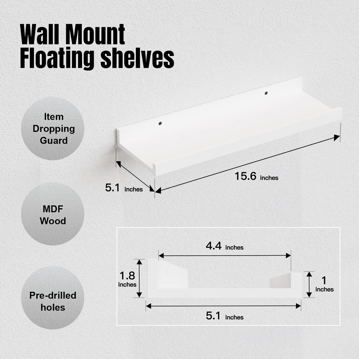 RICHER HOUSE 5 Set White Floating Shelves, Wall Mounted Shelves for Wall Decor, Modern Picture Ledge Shelf with Lip for Wall Storage Nursery, Bedroom, Living Room, Bathroom - White - The One Stop Deals