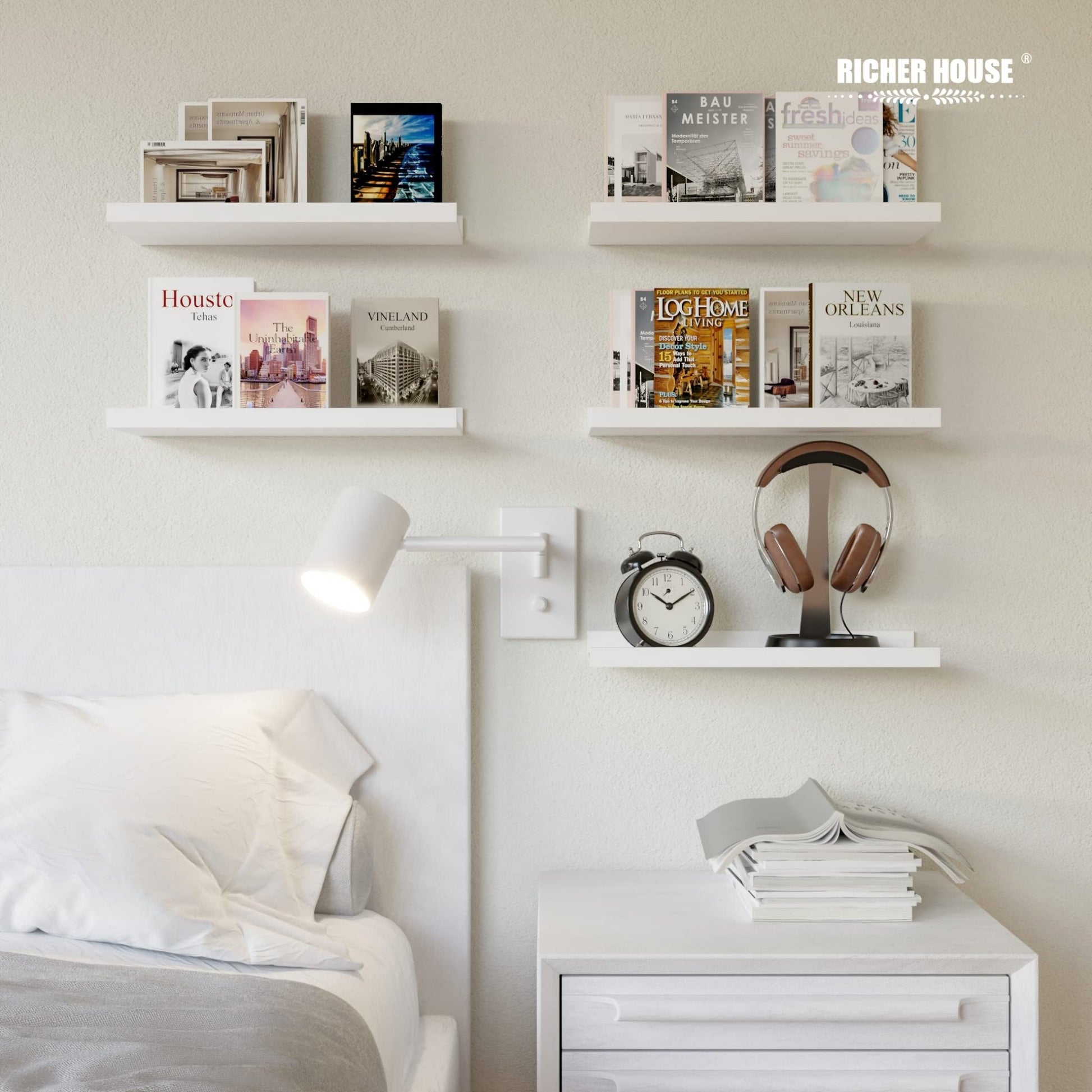 RICHER HOUSE 5 Set White Floating Shelves, Wall Mounted Shelves for Wall Decor, Modern Picture Ledge Shelf with Lip for Wall Storage Nursery, Bedroom, Living Room, Bathroom - White - The One Stop Deals