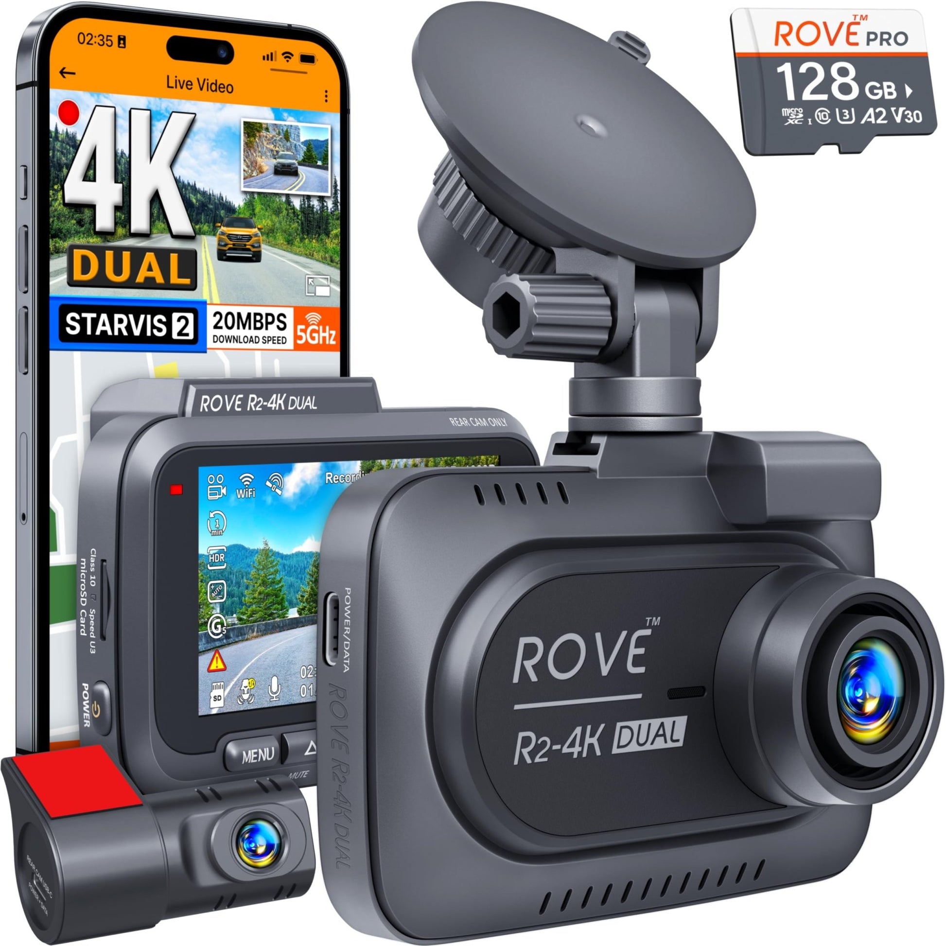 ROVE R2 - 4K DUAL Dash Cam Front and Rear, STARVIS 2 Sensor, FREE 128GB Card Included, 5G WiFi - up to 20MB/s Fastest Download Speed with App, 4K 2160P/FHD Dash Camera for Cars, 3" IPS, 24H Parking Mode - The One Stop Deals