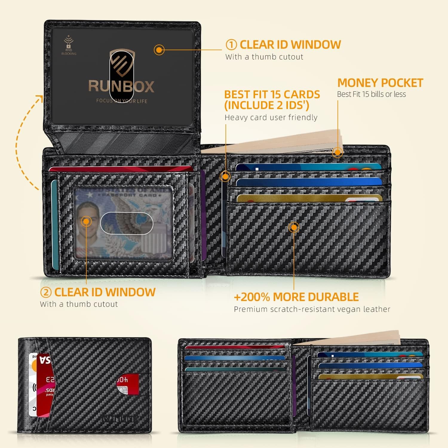 RUNBOX Men's Wallets 15 Card Holder Slim Rfid Leather 2 ID Window With Gift Box Men's Accessories - The One Stop Deals