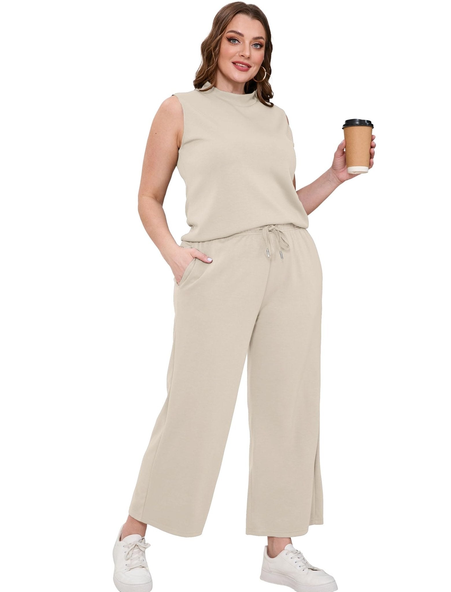 SAMPEEL Two Piece Set for Women Summer Outfits Vacation Trendy Lounge Sets Mock Neck Matching Sets Women Clothing Wide Leg Crop Pants Set Travel Airport Sweat Set Beige M - The One Stop Deals