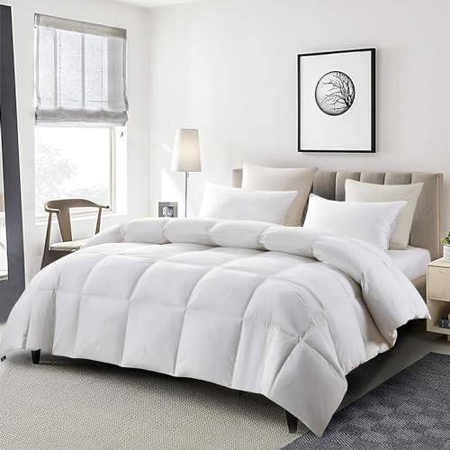 Serta Goose Feather Down Fiber Cotton Comforter Queen Size - 100% Cotton Duvet Insert - Hotel Luxury Hypoallergenic Bedding Comforter All Season Medium Warmth 90 x 90 Inch White - The One Stop Deals