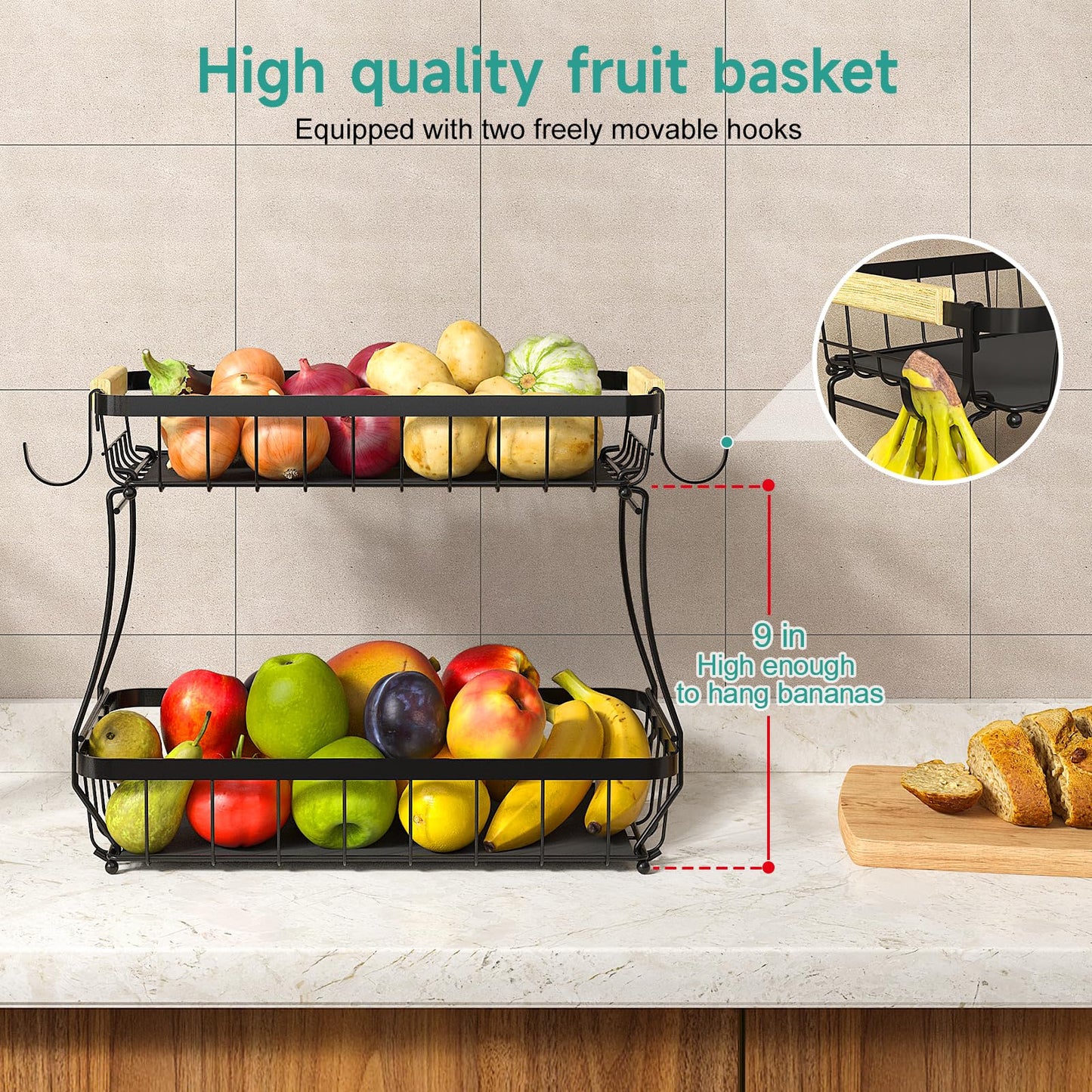 Sevenblue 2 Tier Fruit Basket for Kitchen with 2 Banana Hangers, Detachable Metal Fruit Bowl for Kitchen Counter for Fruit and Vegetable Storage, Large Capacity Tiered Fruit Tray - The One Stop Deals