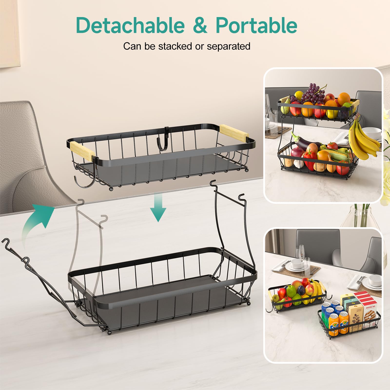 Sevenblue 2 Tier Fruit Basket for Kitchen with 2 Banana Hangers, Detachable Metal Fruit Bowl for Kitchen Counter for Fruit and Vegetable Storage, Large Capacity Tiered Fruit Tray - The One Stop Deals