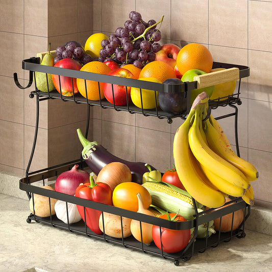 Sevenblue 2 Tier Fruit Basket for Kitchen with 2 Banana Hangers, Detachable Metal Fruit Bowl for Kitchen Counter for Fruit and Vegetable Storage, Large Capacity Tiered Fruit Tray - The One Stop Deals