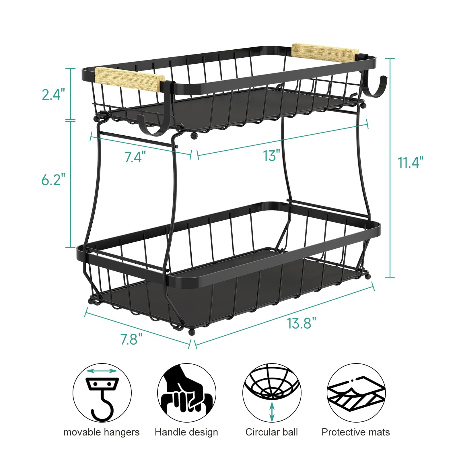 Sevenblue 2 Tier Fruit Basket for Kitchen with 2 Banana Hangers, Detachable Metal Fruit Bowl for Kitchen Counter for Fruit and Vegetable Storage, Large Capacity Tiered Fruit Tray - The One Stop Deals