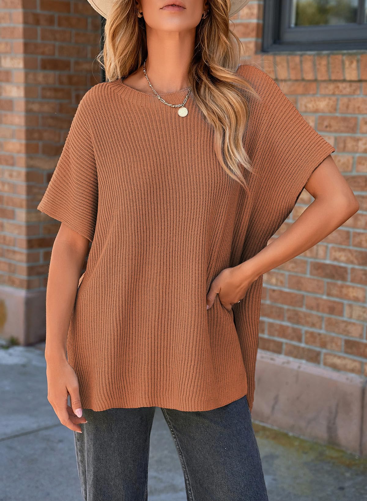 SHEWIN Spring Tops for Women Casual Oversized Shirts Loose Short Sleeve Sweater Lightweight Crew Neck Womens Shirts Tops for Women Trendy Brown X - Large - The One Stop Deals