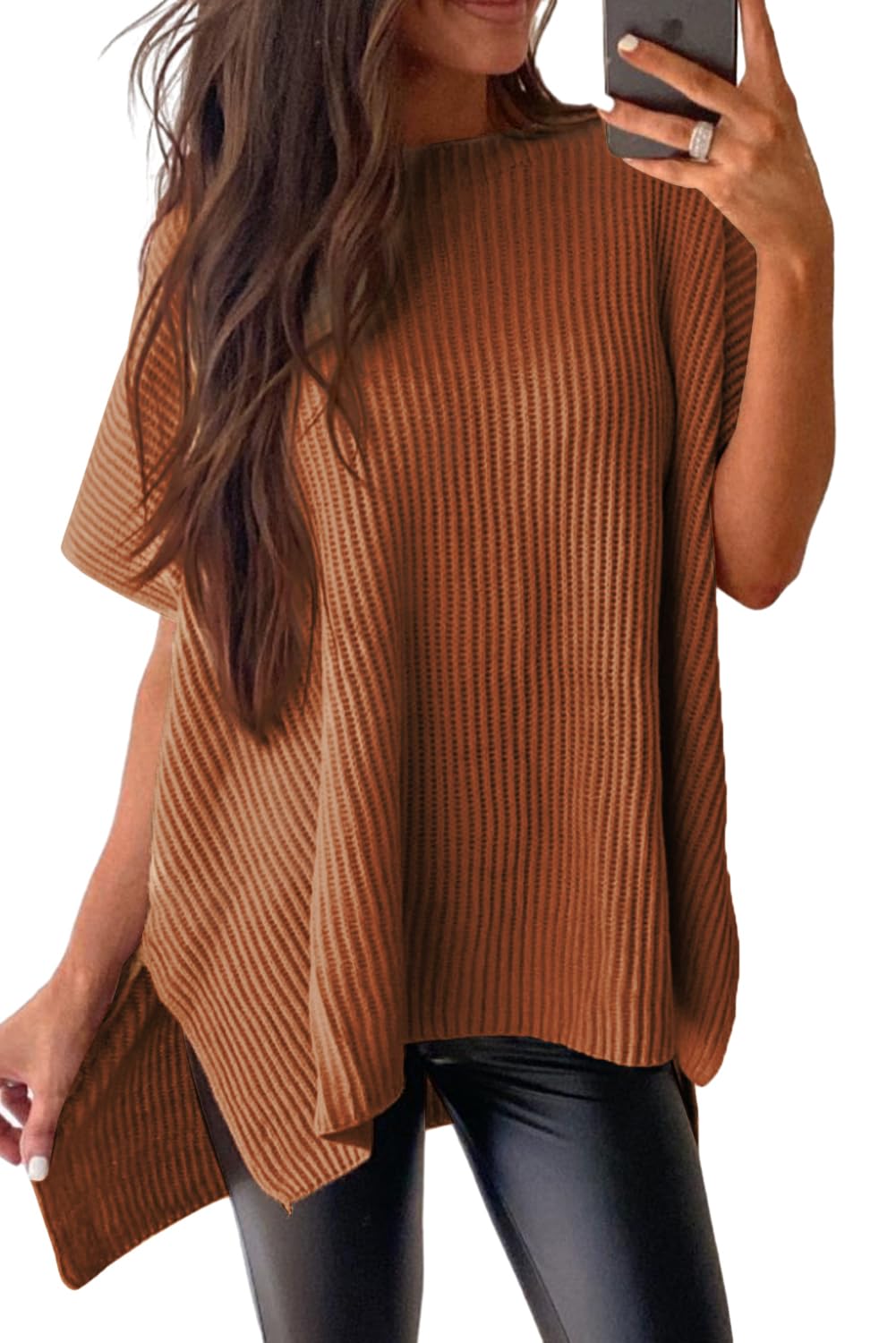 SHEWIN Spring Tops for Women Casual Oversized Shirts Loose Short Sleeve Sweater Lightweight Crew Neck Womens Shirts Tops for Women Trendy Brown X - Large - The One Stop Deals