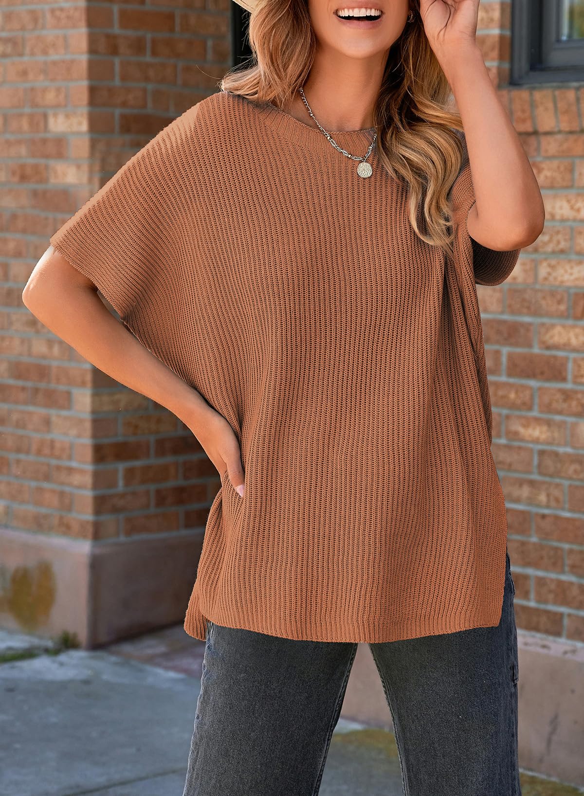 SHEWIN Spring Tops for Women Casual Oversized Shirts Loose Short Sleeve Sweater Lightweight Crew Neck Womens Shirts Tops for Women Trendy Brown X - Large - The One Stop Deals