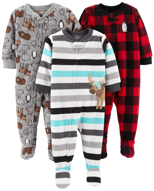 Simple Joys by Carter's Baby Boys' 3 - Pack Loose Fit Flame Resistant Fleece Footed Pajamas, Buffalo Check/Polar Bear/Stripe, 18 Months - The One Stop Deals