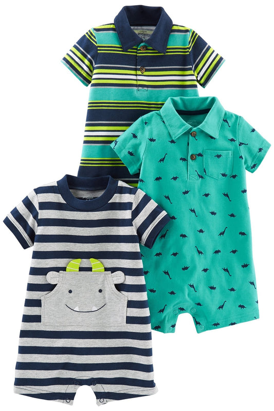 Simple Joys by Carter's Baby Boys' 3 - Pack Rompers, Green Dinosaur/Navy Stripe/Yellow Stripe, 18 Months - The One Stop Deals