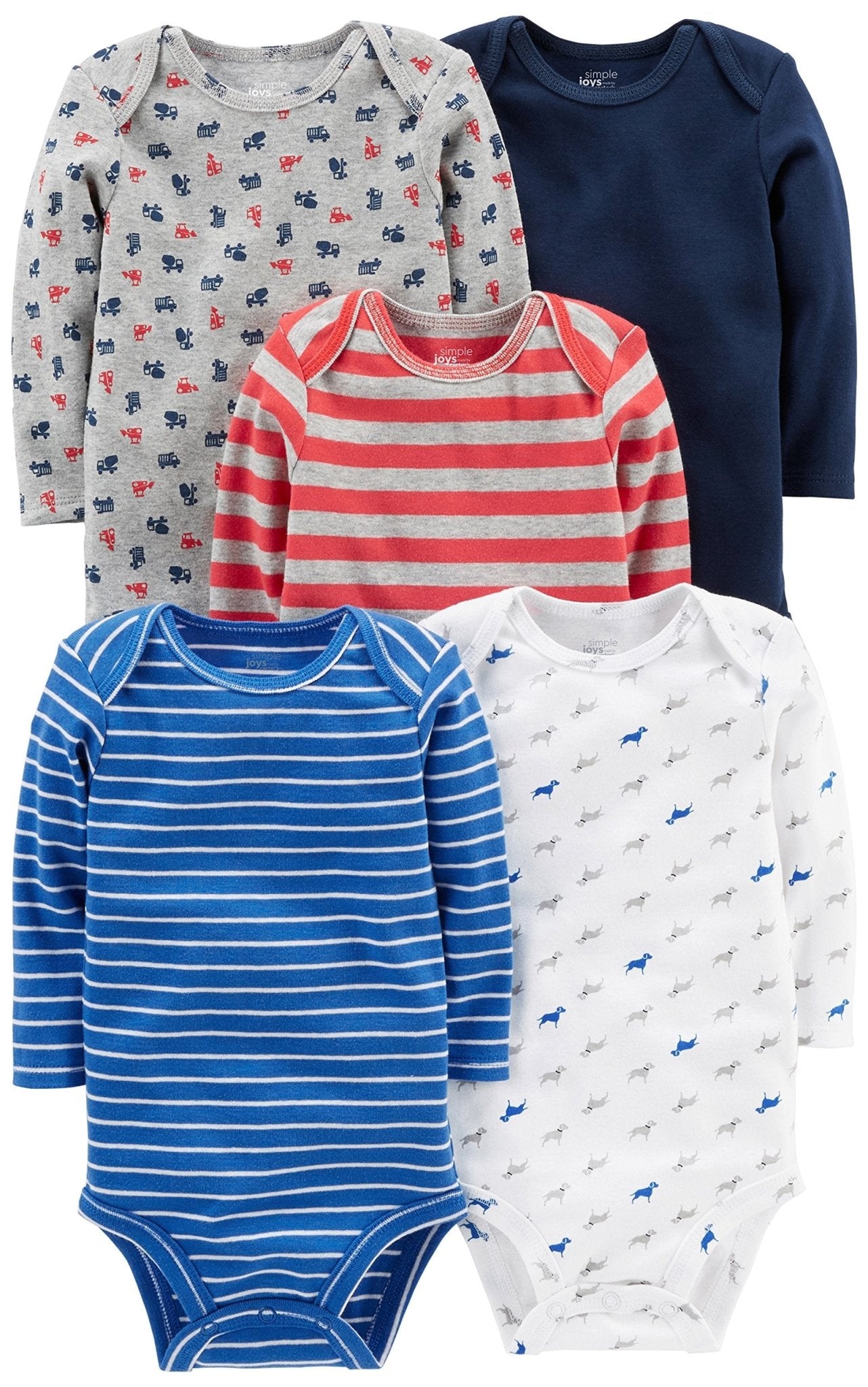 Simple Joys by Carter's Baby Boys' Long - Sleeve Bodysuit, Pack of 5, Blue/Grey Trucks/Red Stripe, 18 Months - The One Stop Deals