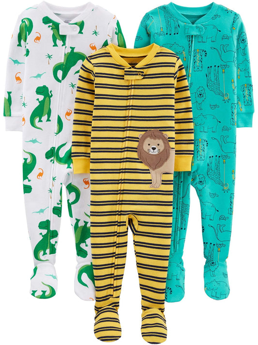 Simple Joys by Carter's Baby Boys' Snug - Fit Footed Cotton Pajamas, Pack of 3, Dinosaur/Animal, 12 Months - The One Stop Deals