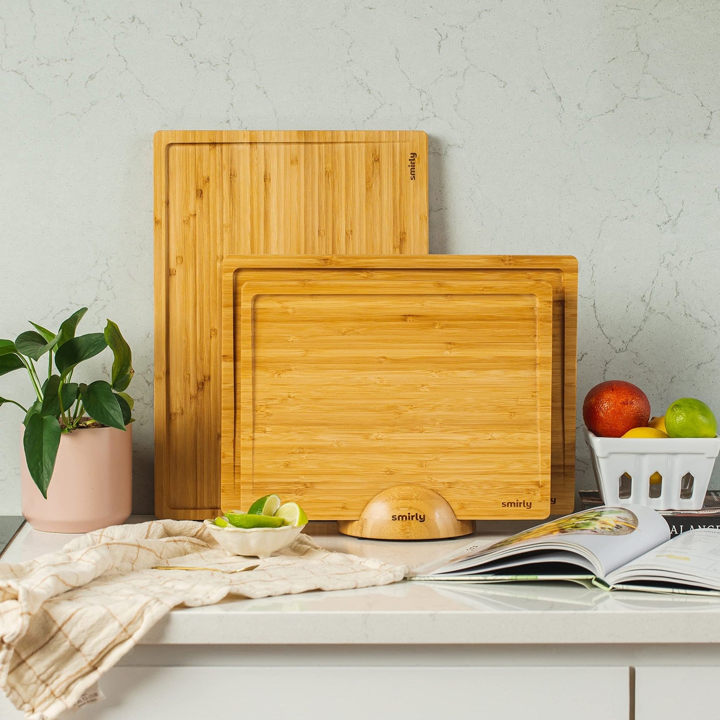 SMIRLY Wooden Cutting Boards For Kitchen Meal Prep & Serving - Bamboo Cutting Board Set with Holder, Charcuterie & Chopping Board, Wooden Cutting Board Set, Kitchen Gadgets - The One Stop Deals