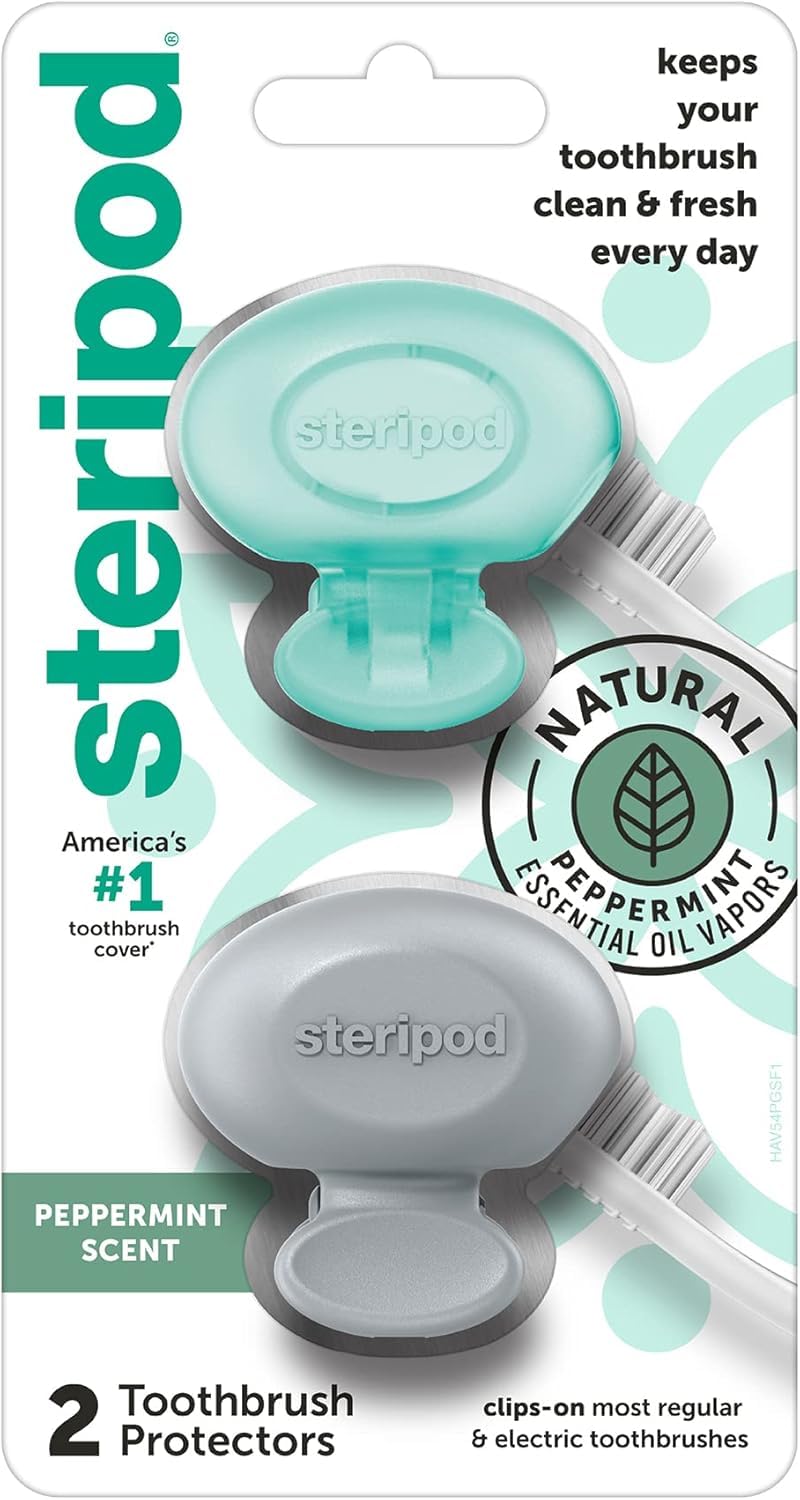 Steripod Clip - On Toothbrush Protector with Peppermint Essential Oils, Keeps Toothbrush Fresh and Clean, Travel Accessories, Fits Most Manual and Electric Toothbrushes, 2 Count - The One Stop Deals