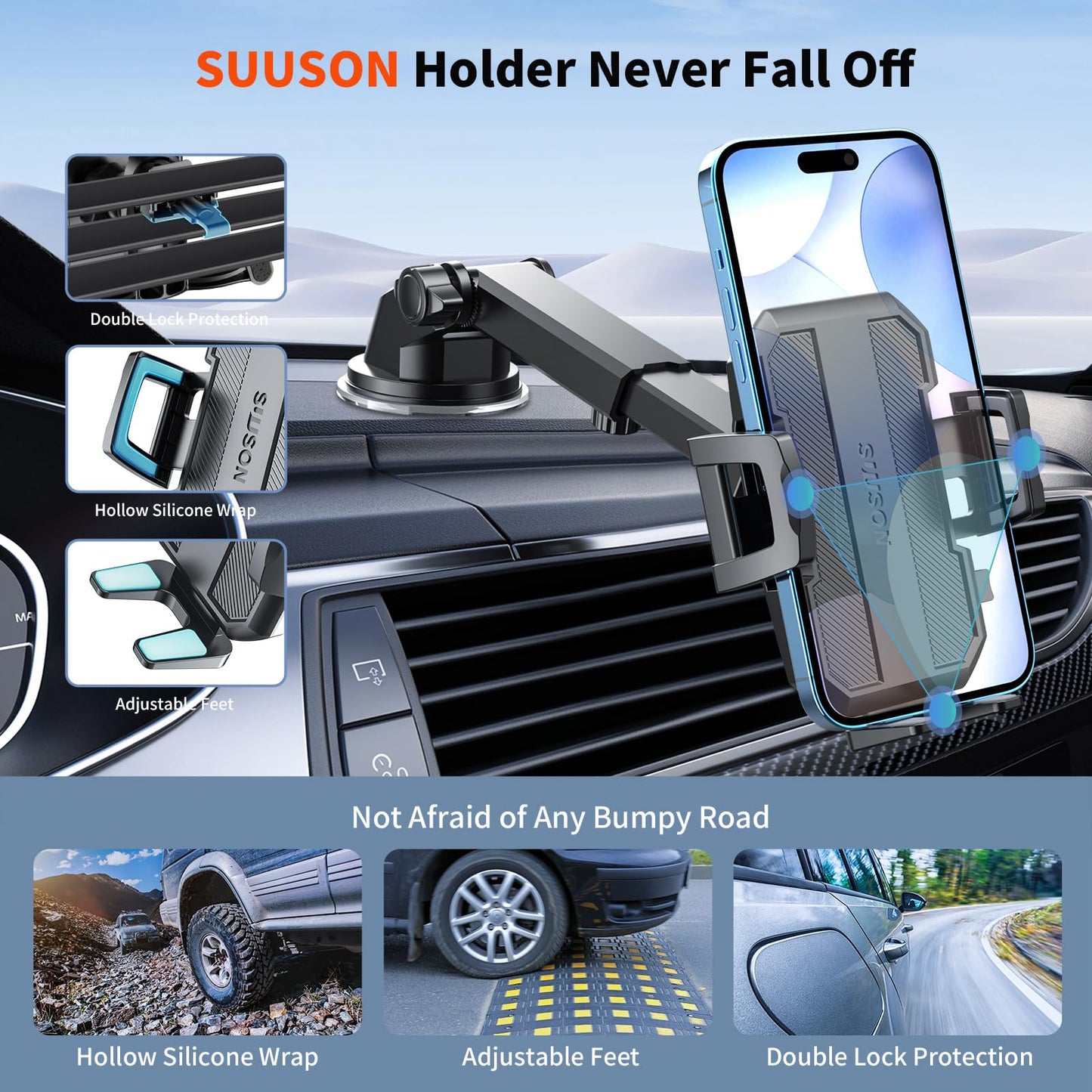 SUUSON Upgraded 3 - in - 1 Car Phone Holder Mount [Powerful Suction] Phone Mount for Car Dashboard Air Vent Windshield,for All iPhone Android Phone (Black) - The One Stop Deals