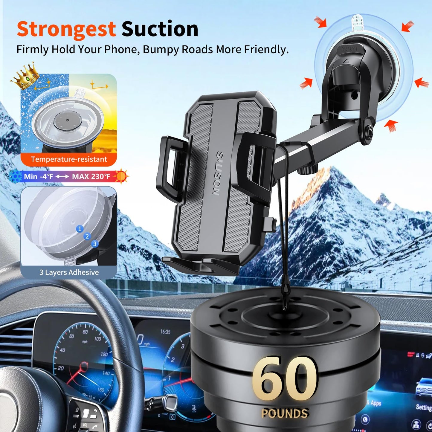 SUUSON Upgraded 3 - in - 1 Car Phone Holder Mount [Powerful Suction] Phone Mount for Car Dashboard Air Vent Windshield,for All iPhone Android Phone (Black) - The One Stop Deals