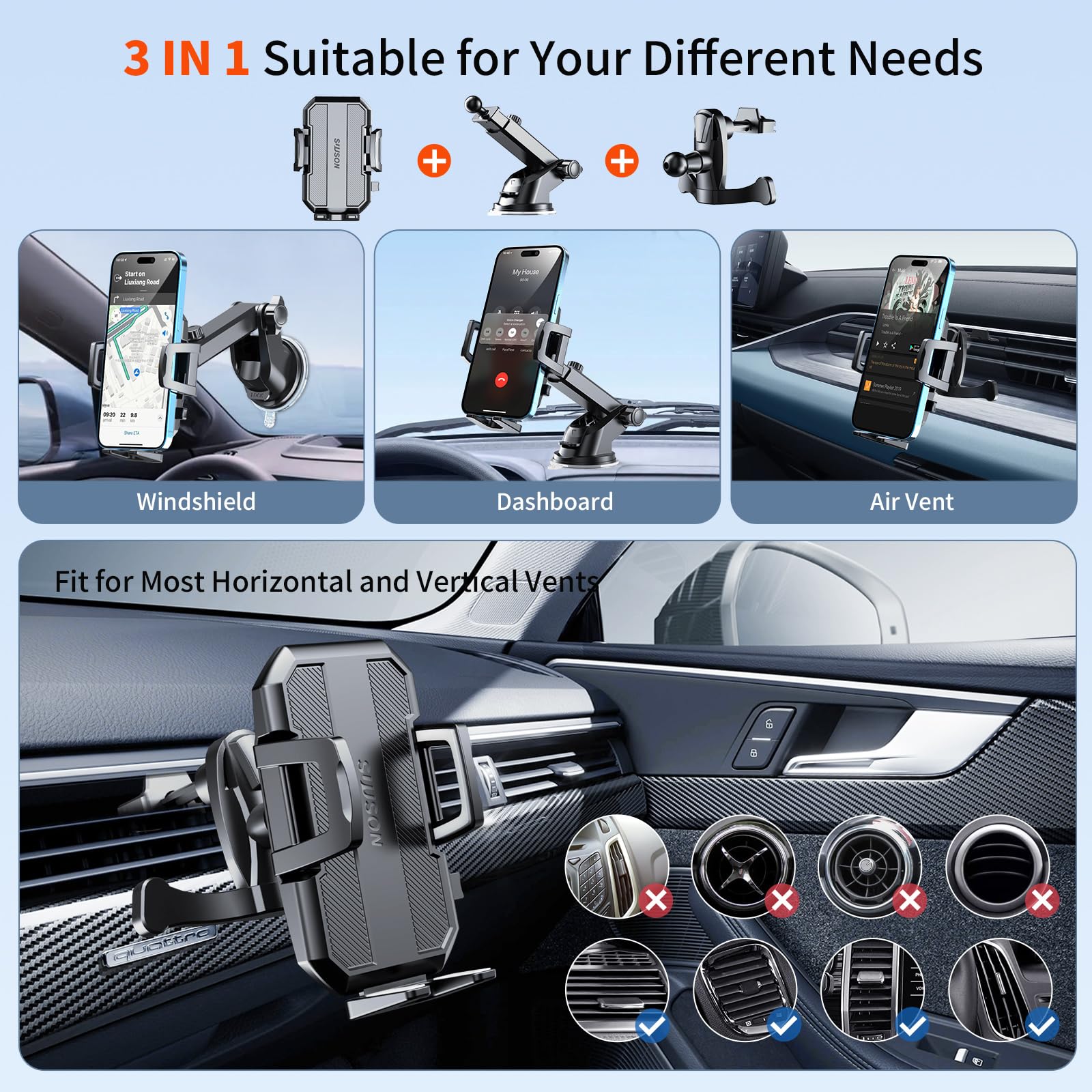 SUUSON Upgraded 3 - in - 1 Car Phone Holder Mount [Powerful Suction] Phone Mount for Car Dashboard Air Vent Windshield,for All iPhone Android Phone (Black) - The One Stop Deals