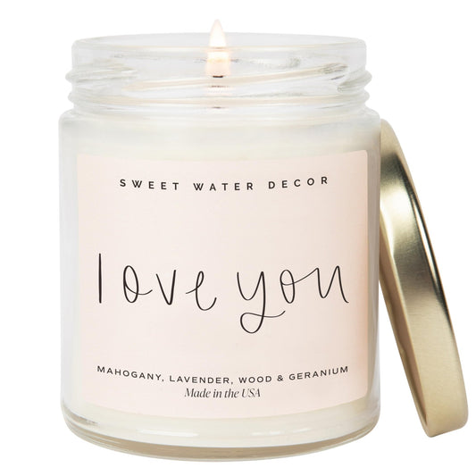 Sweet Water Decor Love You Scented Candles - Soy Candles with Fresh Lavender, Geranium, Warm Mahogany and Earthy Teakwood - Candle Wax with 40 Hours Burn Time - 9Oz Gold Lid Clear Jar Wax Candle - The One Stop Deals