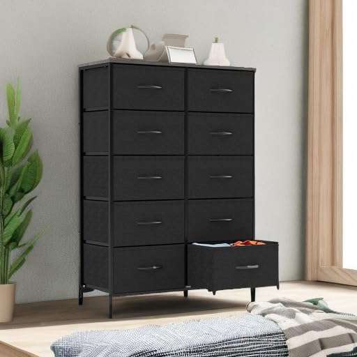 Sweetcrispy Dresser, Tall Dresser for Bedroom, Drawer Dresser Organizer Storage Drawers with 10 Drawers, Chest of Drawers with Fabric Bin, Steel Frame, Wood Top for Bedroom, Closet, Entryway - The One Stop Deals