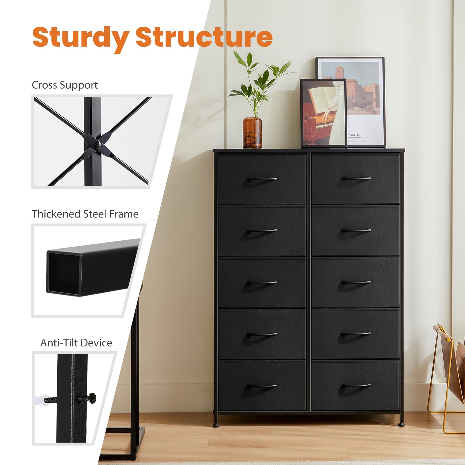 Sweetcrispy Dresser, Tall Dresser for Bedroom, Drawer Dresser Organizer Storage Drawers with 10 Drawers, Chest of Drawers with Fabric Bin, Steel Frame, Wood Top for Bedroom, Closet, Entryway - The One Stop Deals