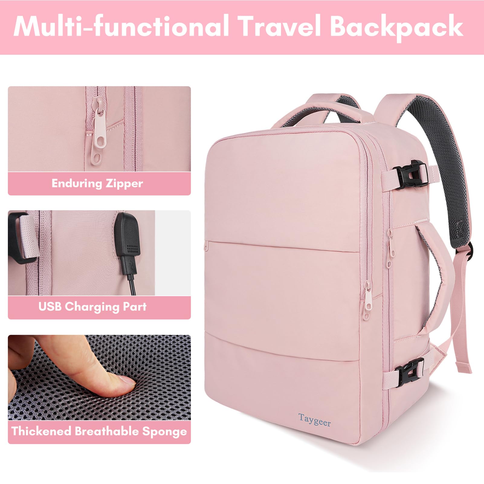 Taygeer Travel Backpack for Women, Carry On Backpack with USB Charging Port & Shoe Pouch, TSA 15.6inch Laptop Mochila Flight Approved, Nurse Bag Casual Daypack for Weekender Business Hiking, Pink - The One Stop Deals