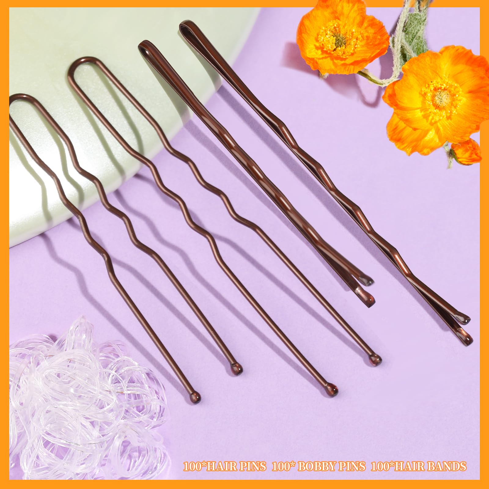 Teenitor 300pcs Bobby Pins Hair Pins Kit, 100 Hair Pins for Women 100 Bobby Pins Brown Hair and 100 Hair Bands, Hair Pins for Buns, U Shape Pins 2inch 2.36inch Bobby Pins for Women 2inch, 2.75inch - The One Stop Deals