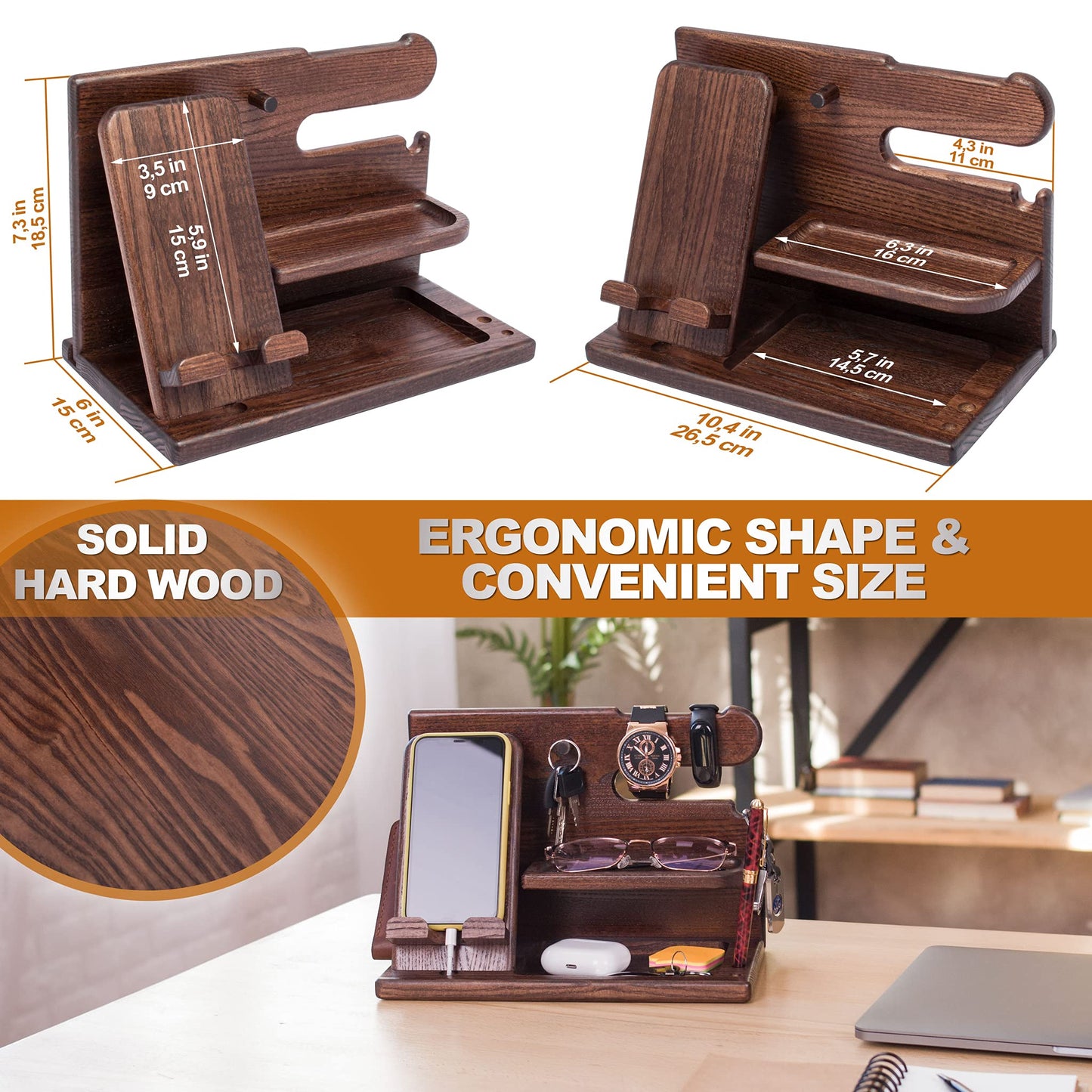 TESLYAR Wood Phone Docking Station for Men - Desk or Nightstand Organizer - Birthday Gifts for Husband, Dad - Anniversary Idea from Wife - Key Holder, Stand Wallet, Watch & Essentials (Bourbon Brown) - The One Stop Deals