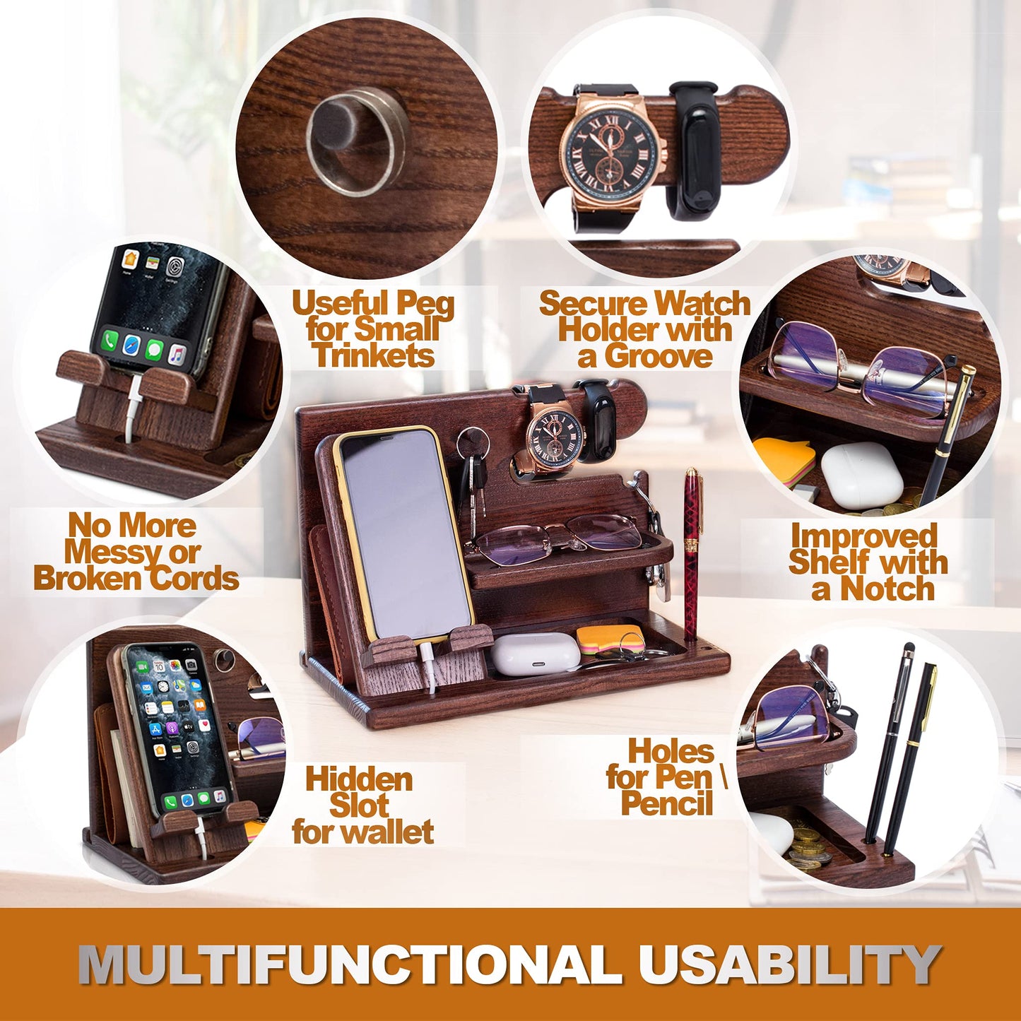 TESLYAR Wood Phone Docking Station for Men - Desk or Nightstand Organizer - Birthday Gifts for Husband, Dad - Anniversary Idea from Wife - Key Holder, Stand Wallet, Watch & Essentials (Bourbon Brown) - The One Stop Deals