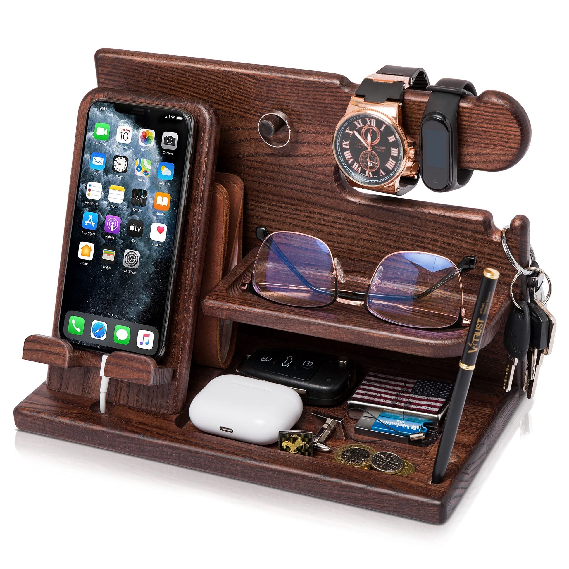 TESLYAR Wood Phone Docking Station for Men - Desk or Nightstand Organizer - Birthday Gifts for Husband, Dad - Anniversary Idea from Wife - Key Holder, Stand Wallet, Watch & Essentials (Bourbon Brown) - The One Stop Deals