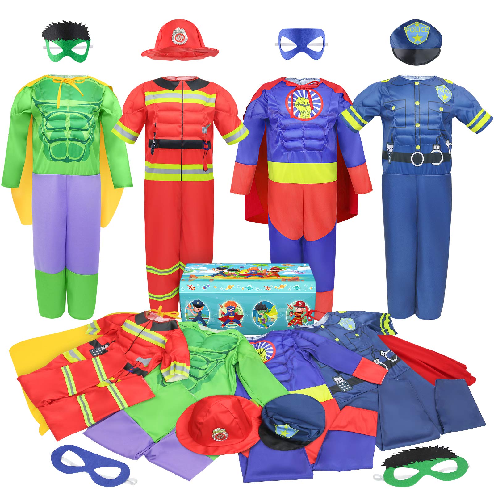 Teuevayl Boys Muscle Chest Dress up Costumes Trunk with Superhero, Policeman, Fireman Costume, Kids Pretend Role Play Costumes Set, Boys Dress up Clothes for Kids Ages 3 4 5 6 7 - The One Stop Deals