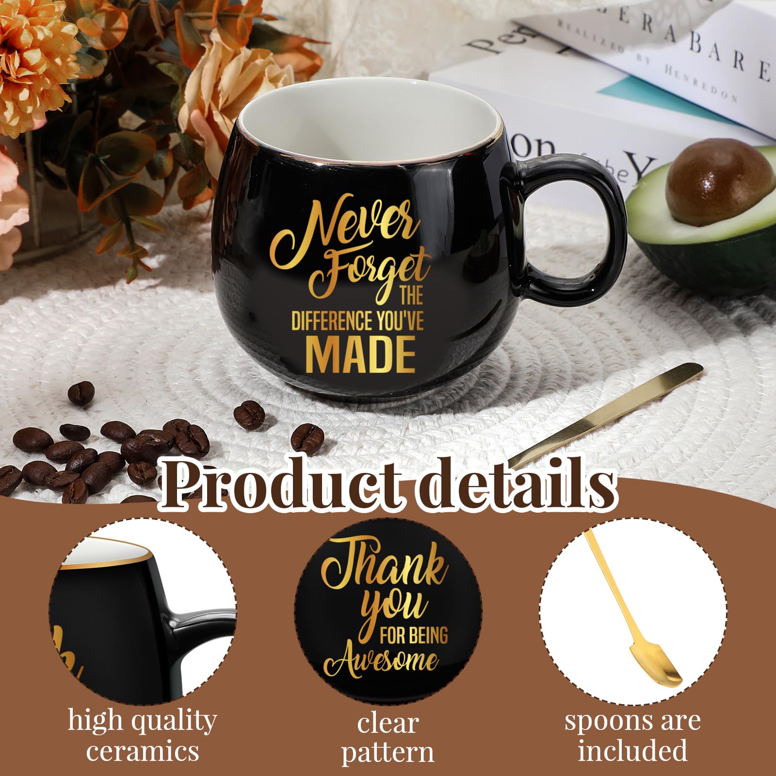 Tioncy 12 Sets Employee Appreciation Gifts 12 oz Ceramic Coffee Mugs with Spoons Thank You Gifts Inspirational Cups for Women Men Coworkers Friends Teachers for Thanksgiving Christmas - The One Stop Deals