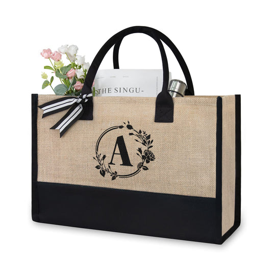 TOPDesign Initial Jute/Canvas Tote Bag, Personalized Present Bag, Suitable for Wedding, Birthday, Beach, Holiday, is a Great Gift for Women, Mom, Teachers, Friends, Bridesmaids (Letter A) - The One Stop Deals