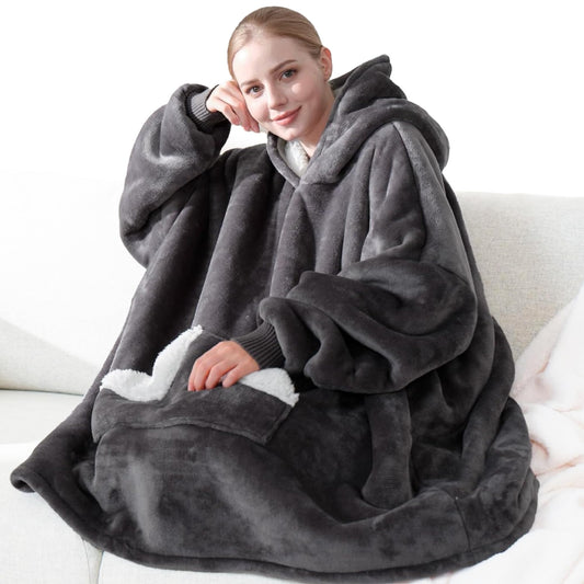 Touchat Wearable Blanket Hoodie, Oversized Sherpa Fleece Sweatshirt Blanket with Giant Hood Pocket and Sleeves for Adult, Warm & Cozy Grey Blanket Gifts for Women - The One Stop Deals