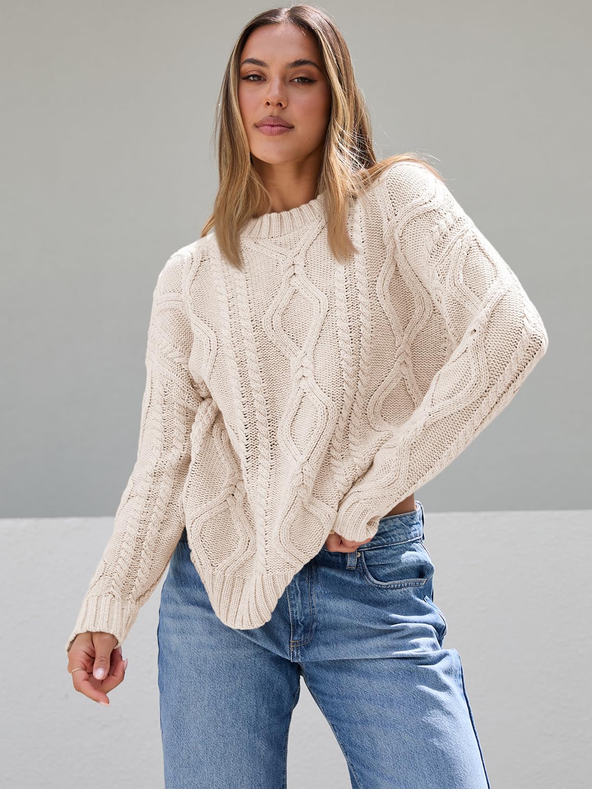 Trendy Queen Oversized Sweaters Womens Plus Size 2025 Fall Fashion Outfits Cable Knit Crewneck Pullover Cute Chunky Long Tunic Top Winter Old Money Clothes with Leggings Cream - The One Stop Deals